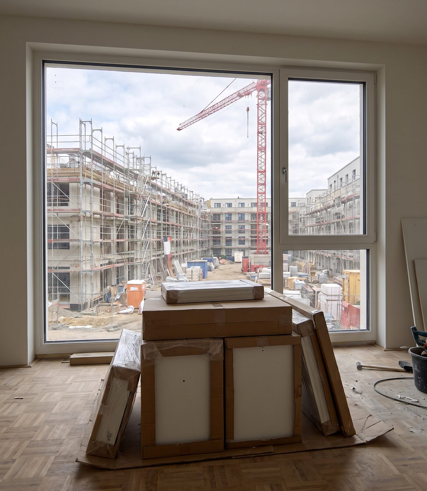 Blick aus einer Neubauwohnung auf die Baustelle eines Wohnquartiers, im Vordergrund verpackte Küchenmodule